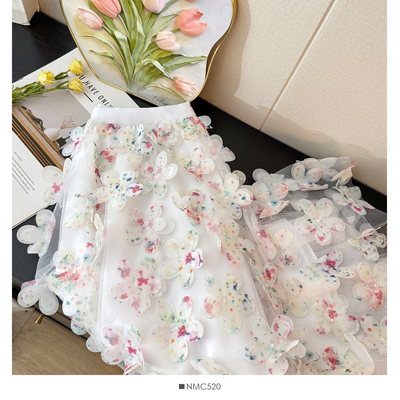 Women's Flower Mesh Stitching Autumn High Waist A- Line Loose Large Skirt