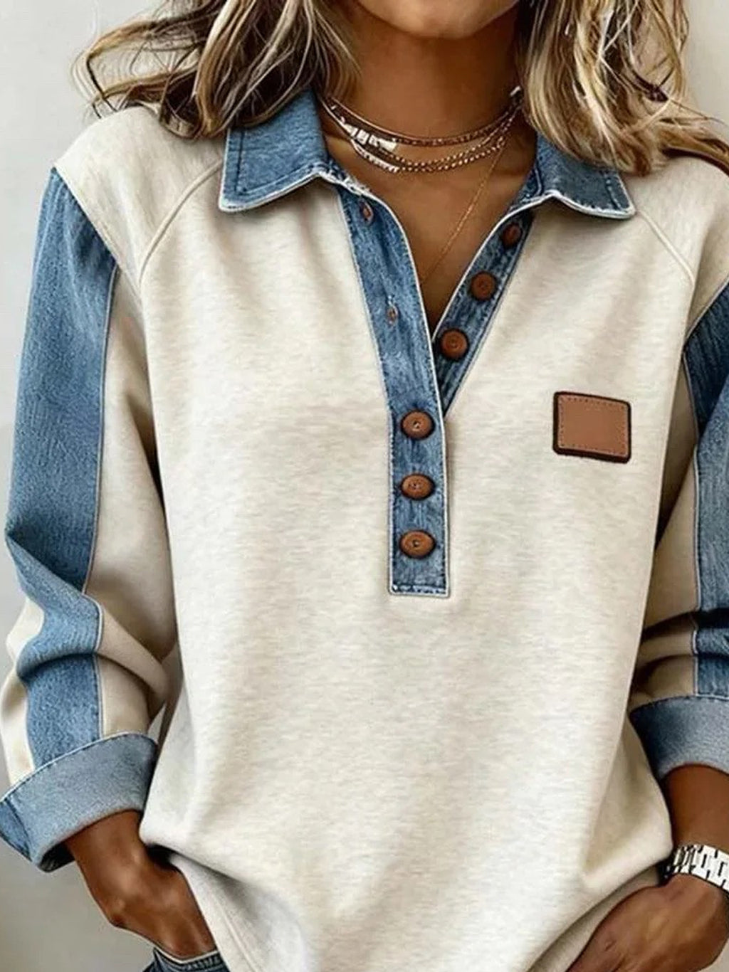 Women's Source Color Block Denim Collar Loose Long Sleeve Women's Sweater