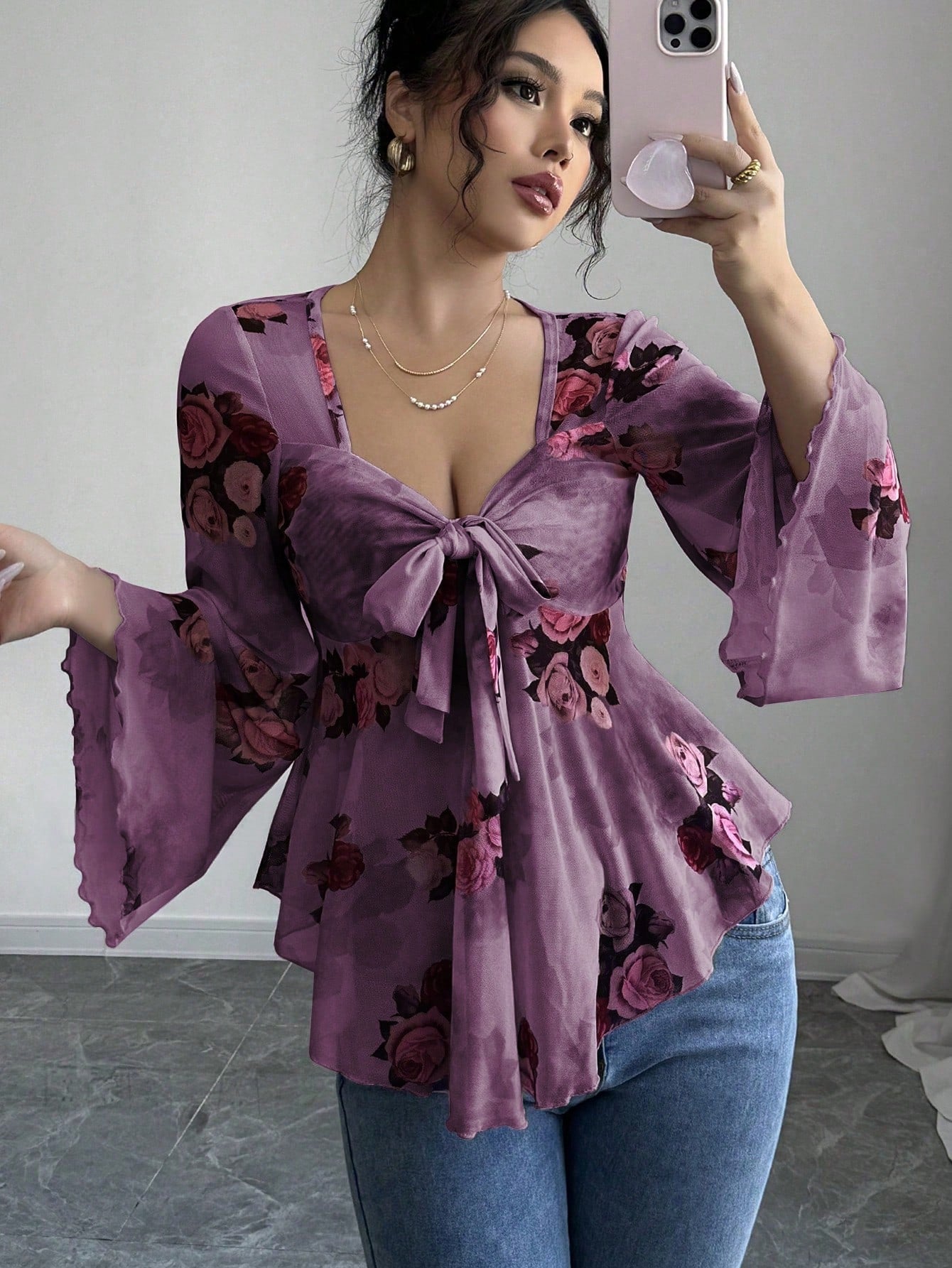 Design Sense French Sweet Flower Blooming Square Collar Long Blouse