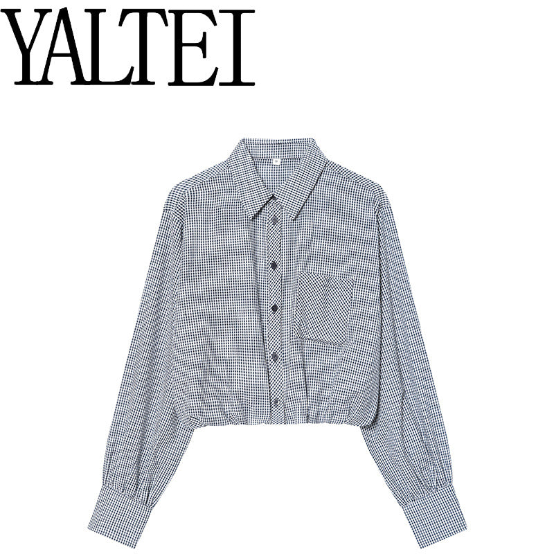 Women's Fashion Versatile Small Plaid Balloon Shirt Blouse