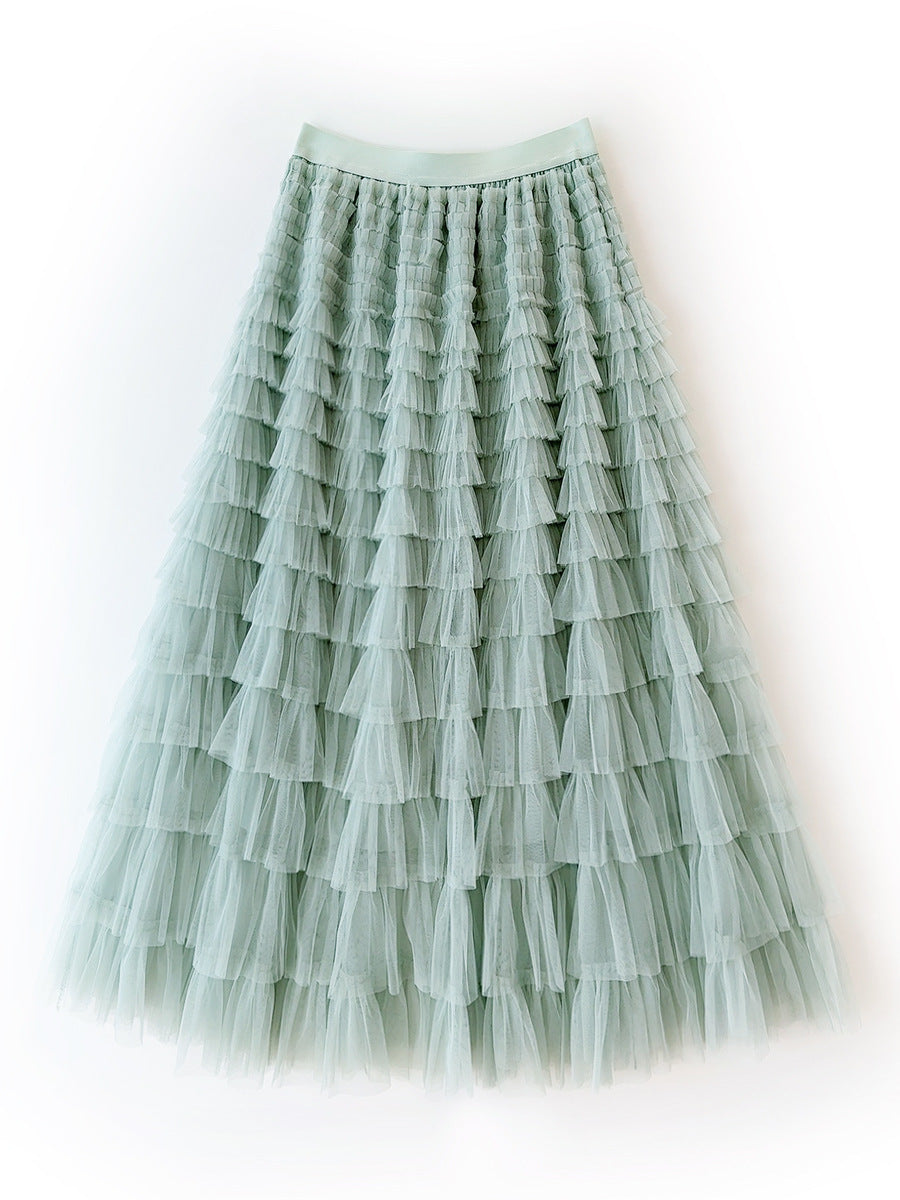 Women's Long Autumn Elegant Solid Color High Waist Net Yarn Cake Skirts