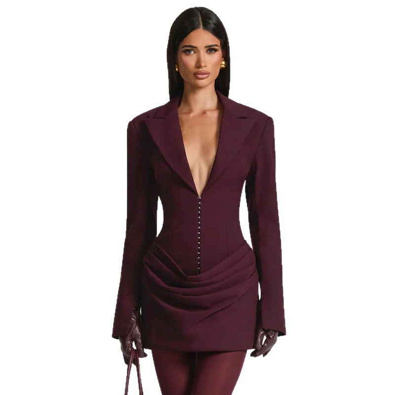 Women's Temperament Pure Color Deep V Lapel Suits