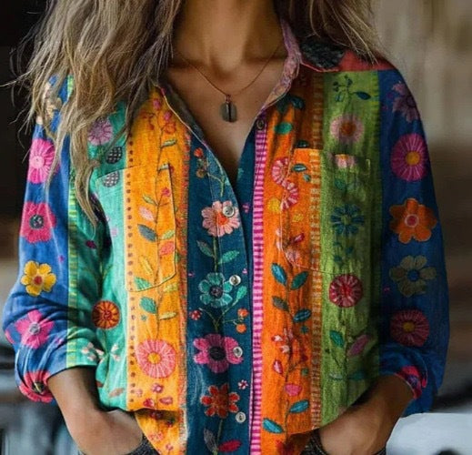 Women's Shirt Printed Linen Fabric Can Be Made Blouse