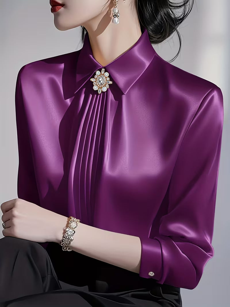 Elegant Graceful Satin Shirt Pleated Long Sleeve Leisure Blouse