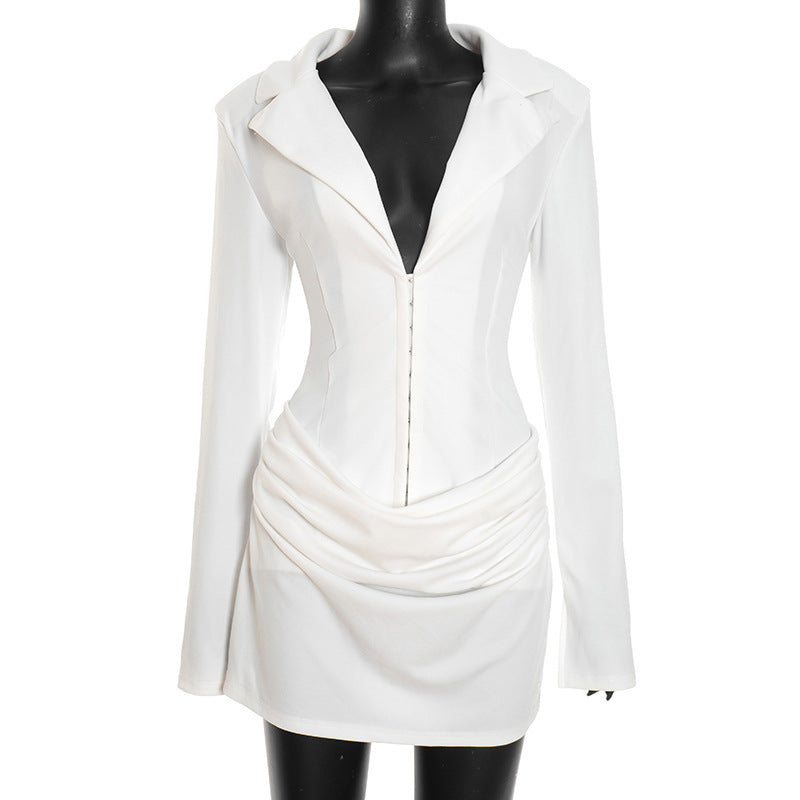 Women's Temperament Pure Color Deep Lapel Pleated Mini Dress