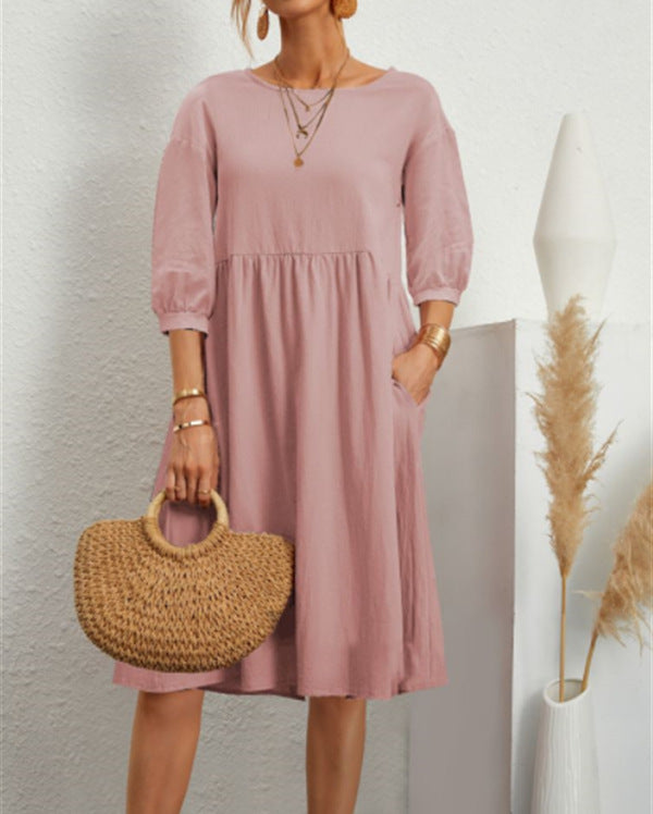 Cotton Linen Solid Color Lantern Sleeve Pleating Loose Skirts