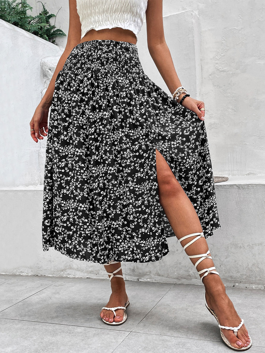 Women's Floral Summer Mid-length Holiday Print Split Skirt