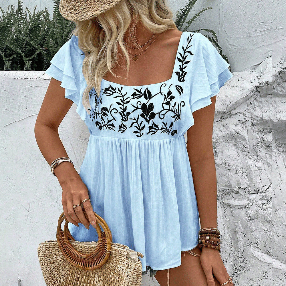Women's Lace Square Collar Sleeve Embroidered Shirt Cool Blouse
