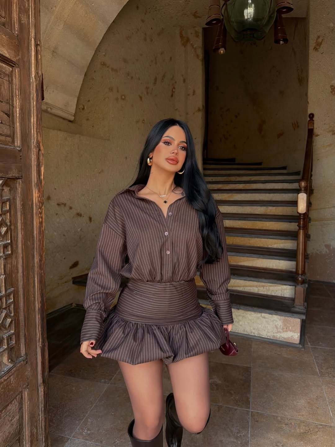 Women's Sweet Fresh Striped Long-sleeved Shirt High Waist Two Skirts