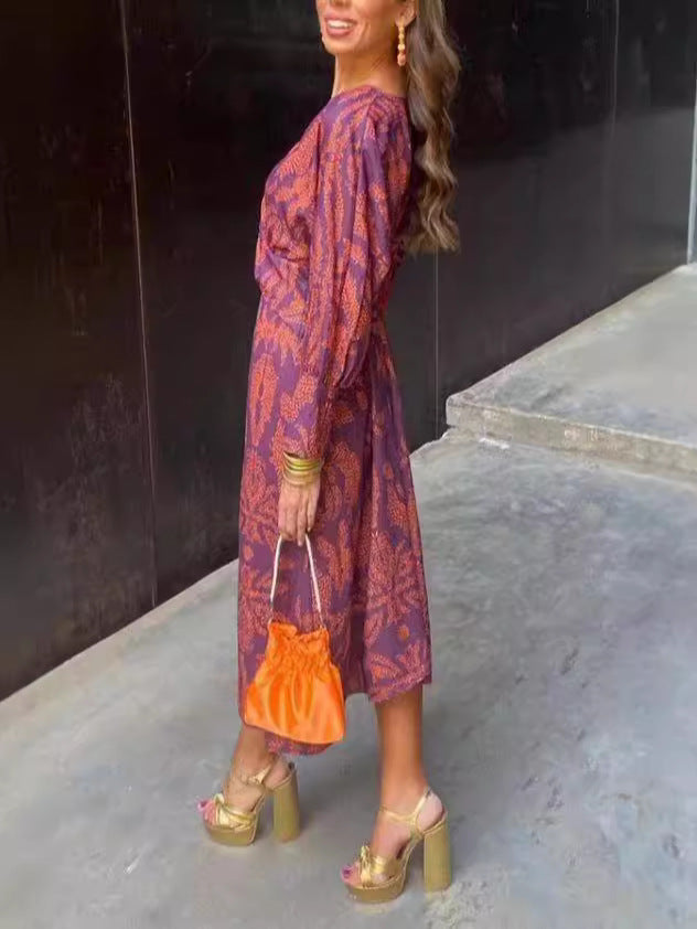 Graceful Slouchy Women's Autumn Print Mid-length Dress