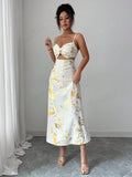 Women's Elegant Backless Beach Travel For Fully Golden Foil Print Dress