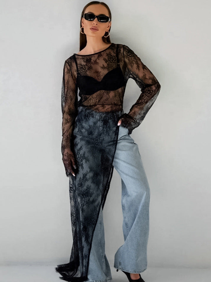 Women's Sexy Black Jacquard Lace Knitted Slit Dress