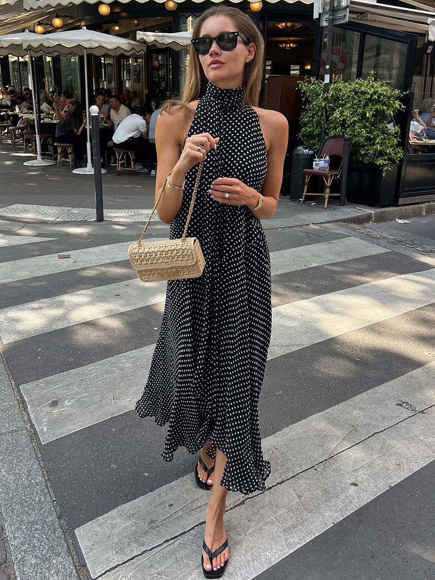 Women's Fashion Elegant Halter Polka-dot Long Dress