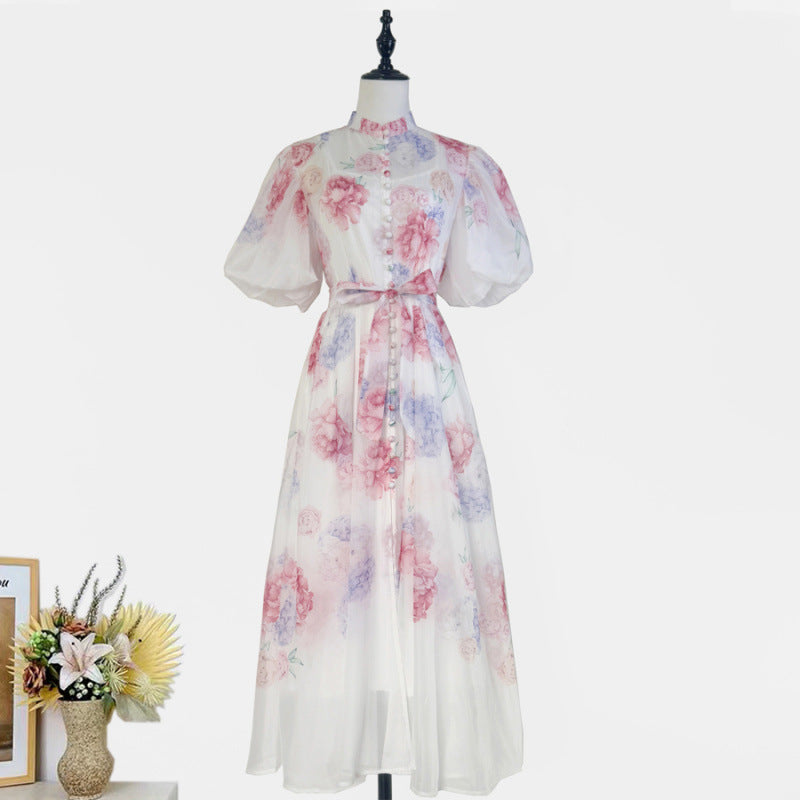 Women's Sleeve Fashion Printed Single-breasted Summer Long Dress