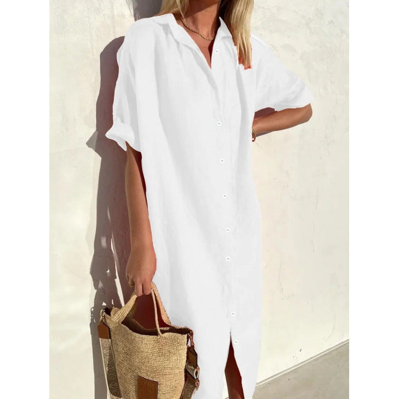 Women's Elegant Casual Loose Sleeves Button Cotton Linen Long Pocket Shorts