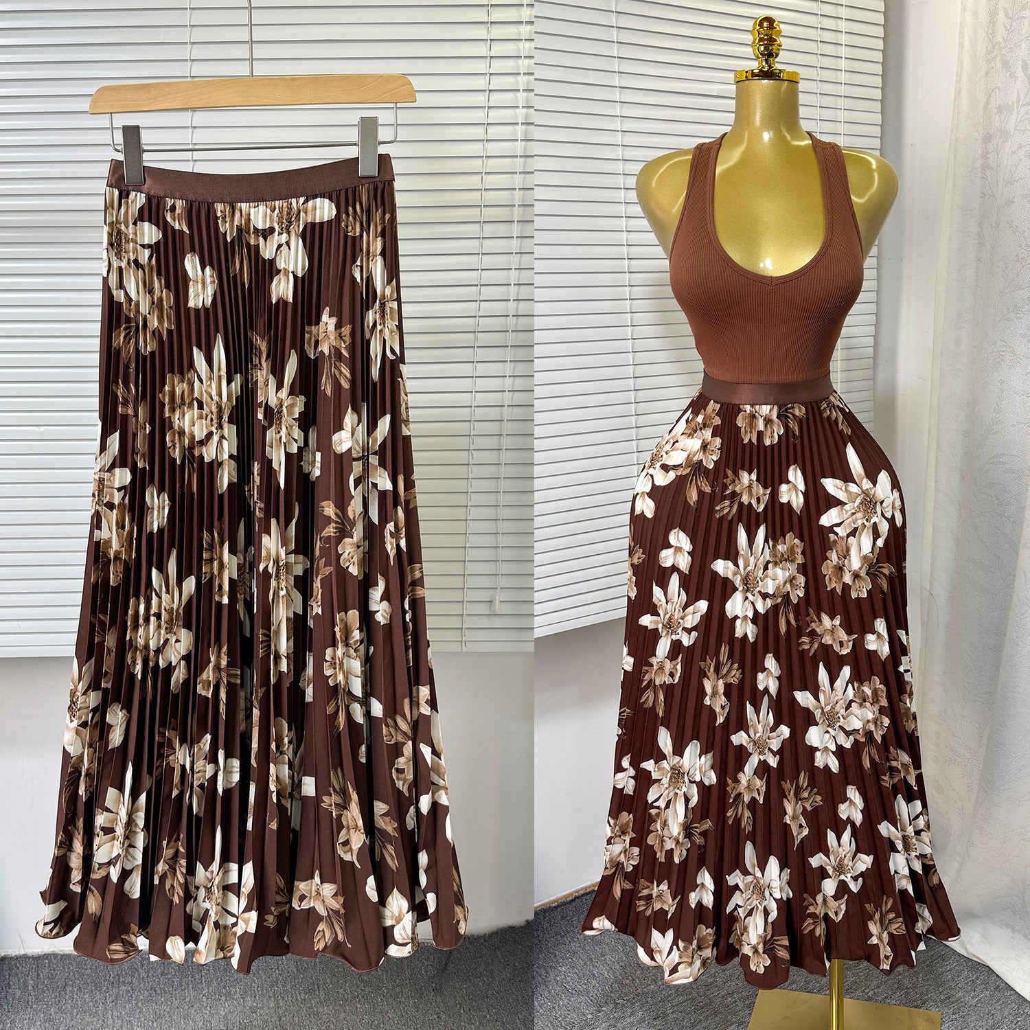 Women's Retro Printed High Waist A- Line Mid-length Pleated Large Hem Skirt