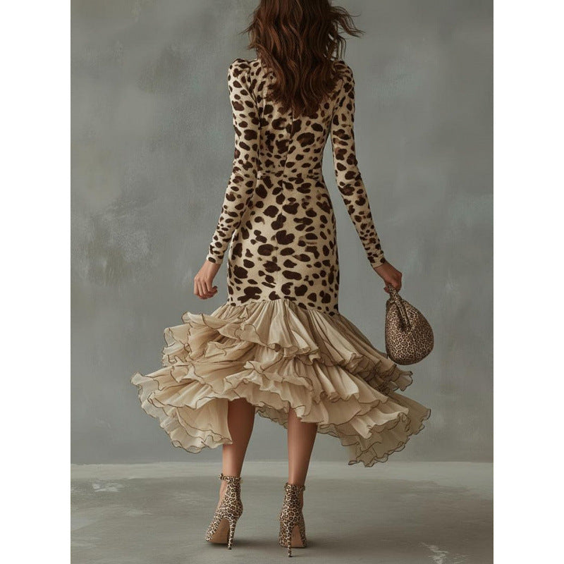 Women's Long-sleeved Digital Printing Stone Pattern Stitching Dress