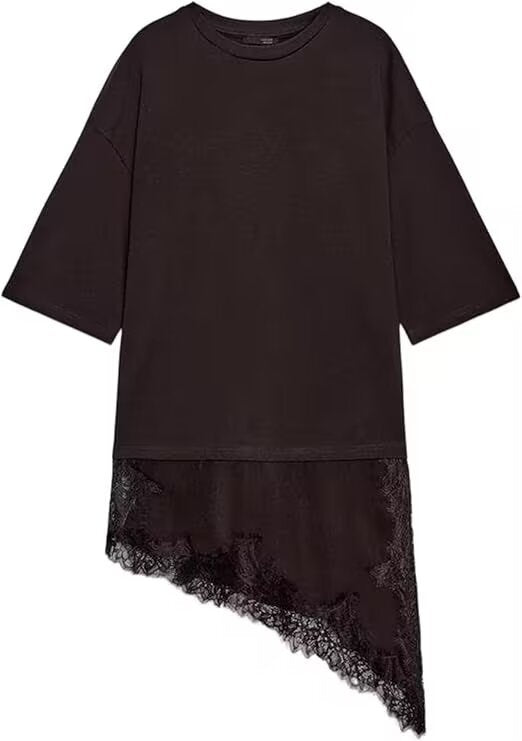 Women's Simple Straight Round Neck Sleeve Lace Stitching Women's T-shirt
