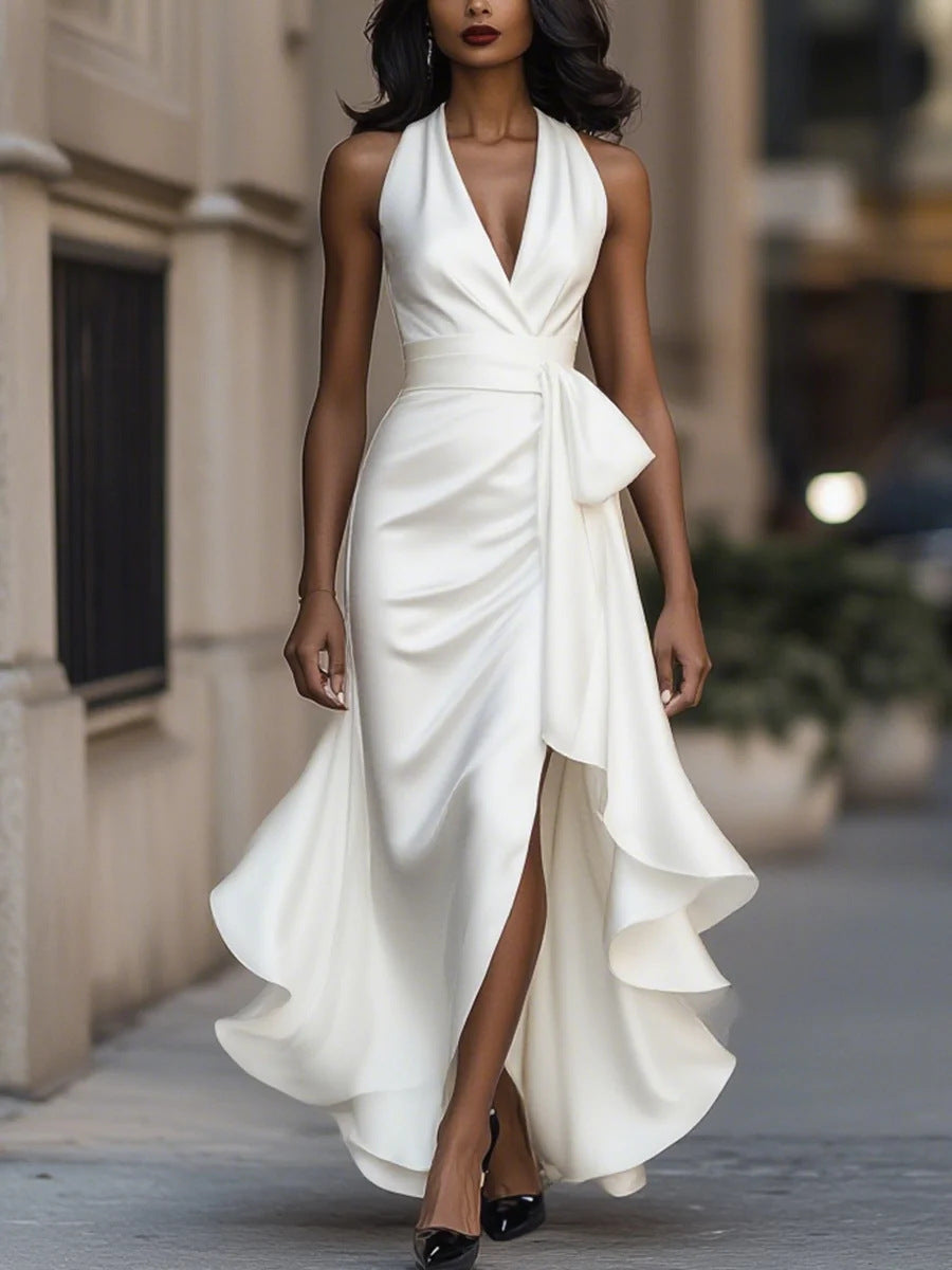 Women's Satin Sleeveless Waist Trimming Ruffles Elegant Dress