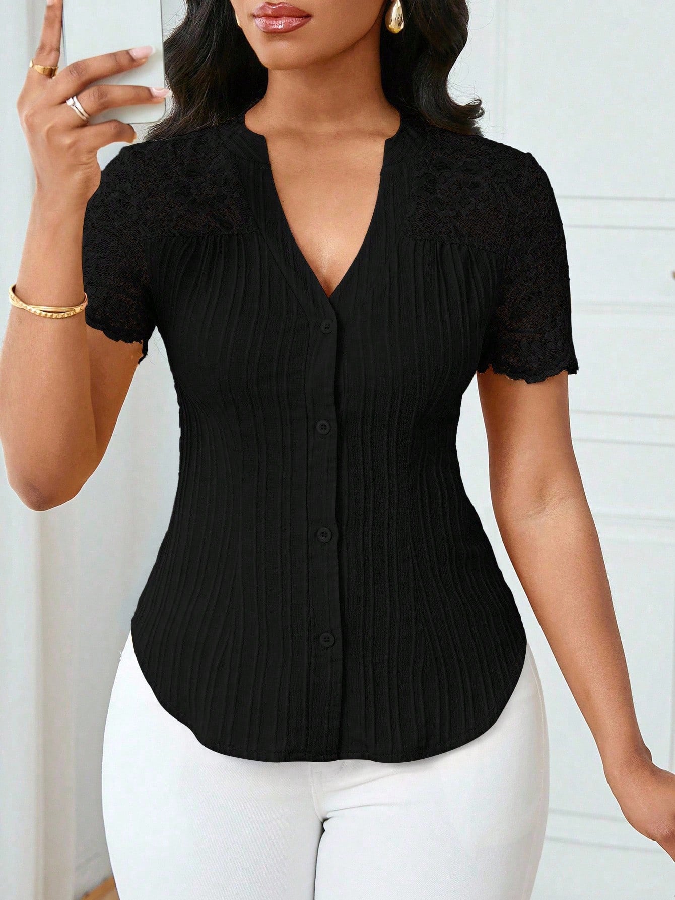 Women's Fashion Single-breasted Solid Color Embroidery Hollow Tops