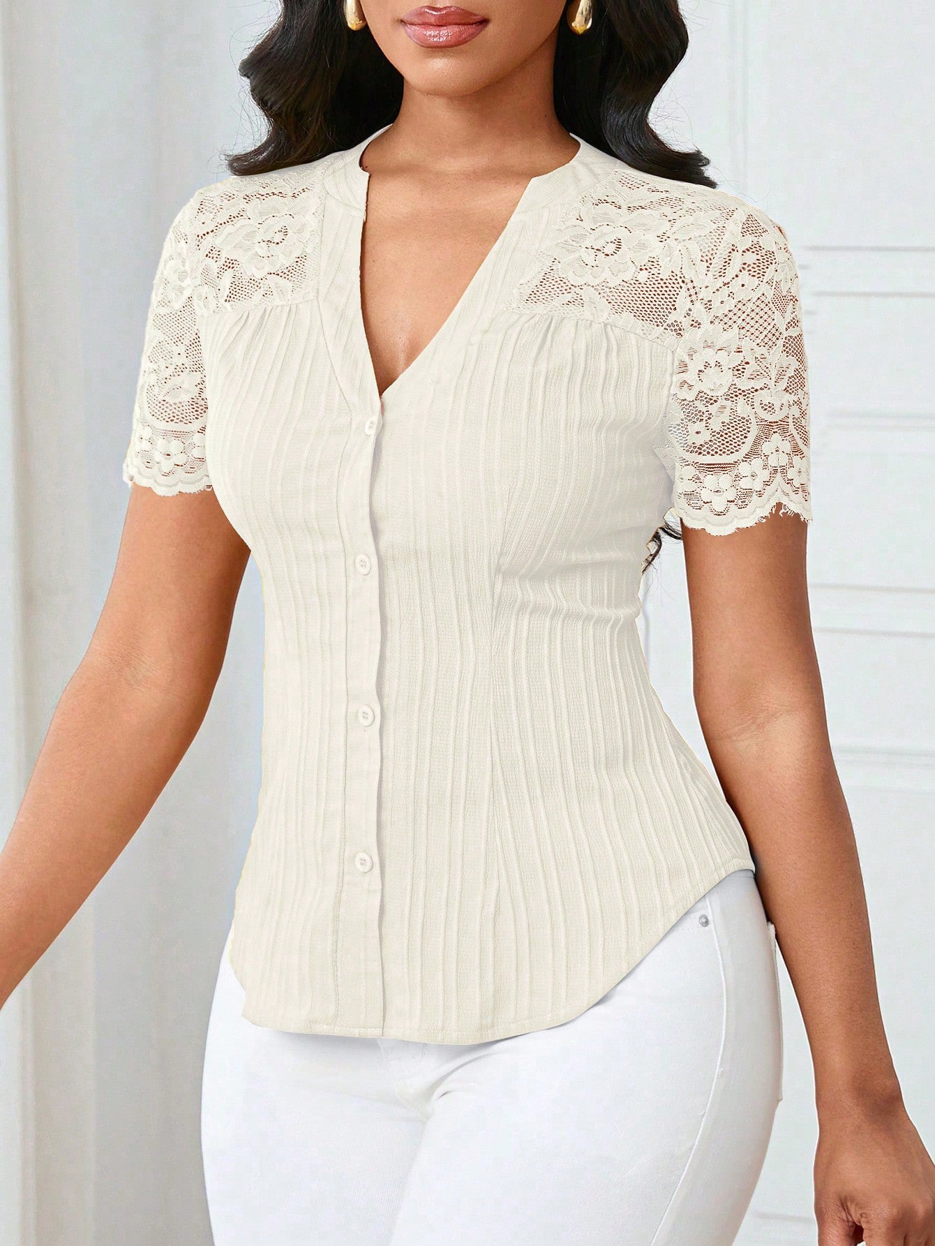 Women's Fashion Single-breasted Solid Color Embroidery Hollow Tops