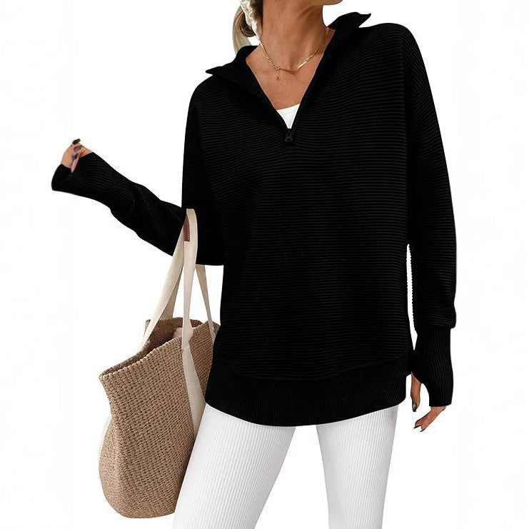 Women's Long Sleeve Half Zip Rib Knitted Pullover Early Autumn Clothing