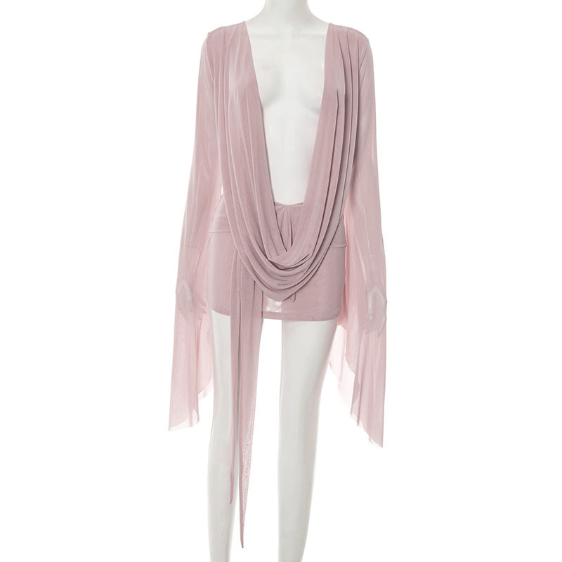 Women's Collar Wide Hem Long Sleeve Backless Shorts
