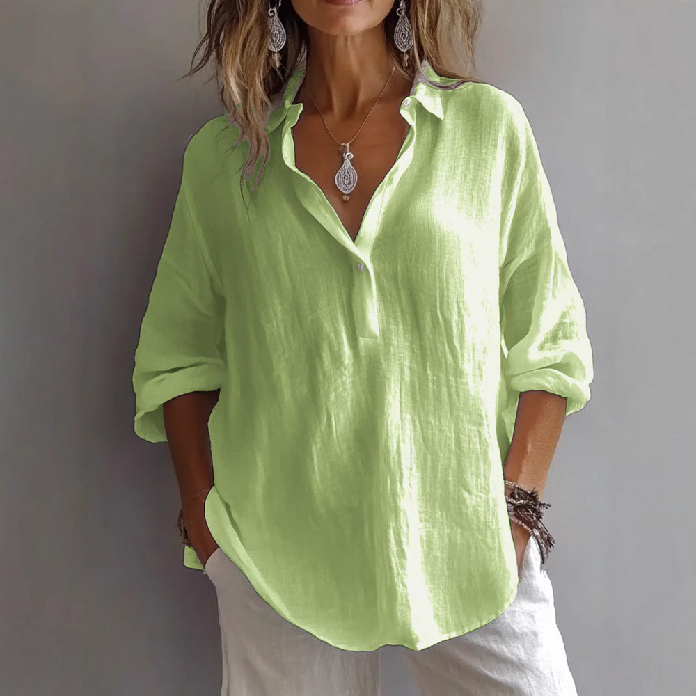 Solid Color Casual Loose Long Sleeve Linen Blouse