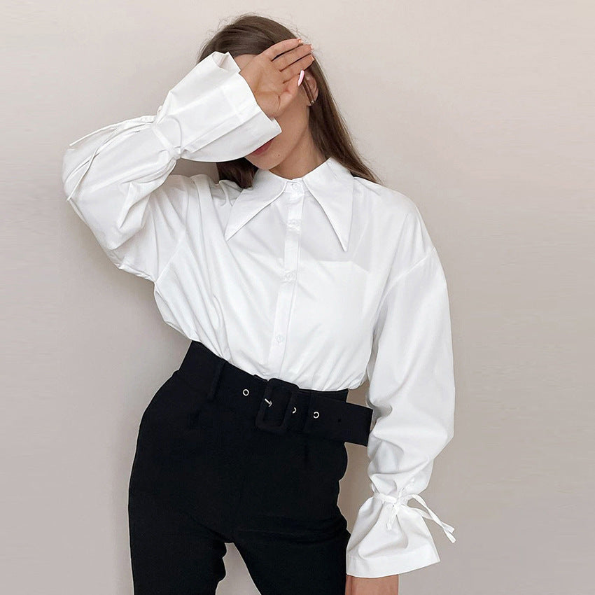 Women's Long-sleeved White Shirt Pointed Collar Temperament Commute Bow Design Blouse