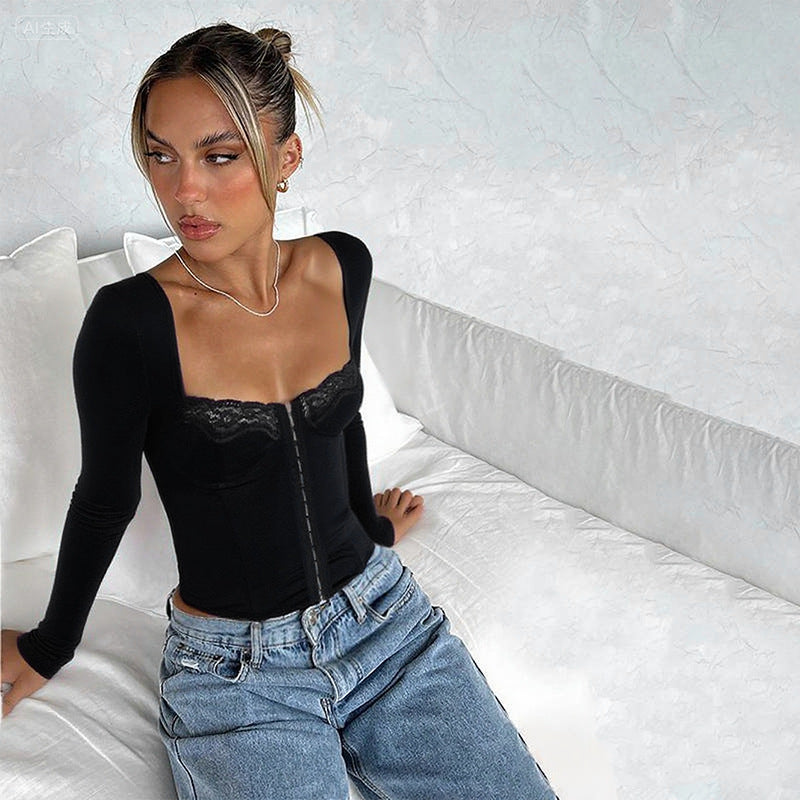 Women's Autumn Lace Edge Waist Slimming Solid Tops