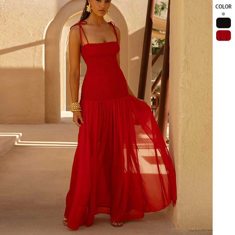 Women's Spring Solid Color Sleeveless Sling Pleated Dress