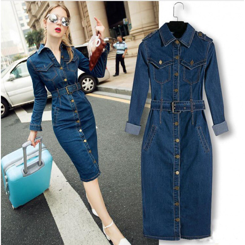 Glamorous Women's Sexy Long-sleeved Denim Long Dress