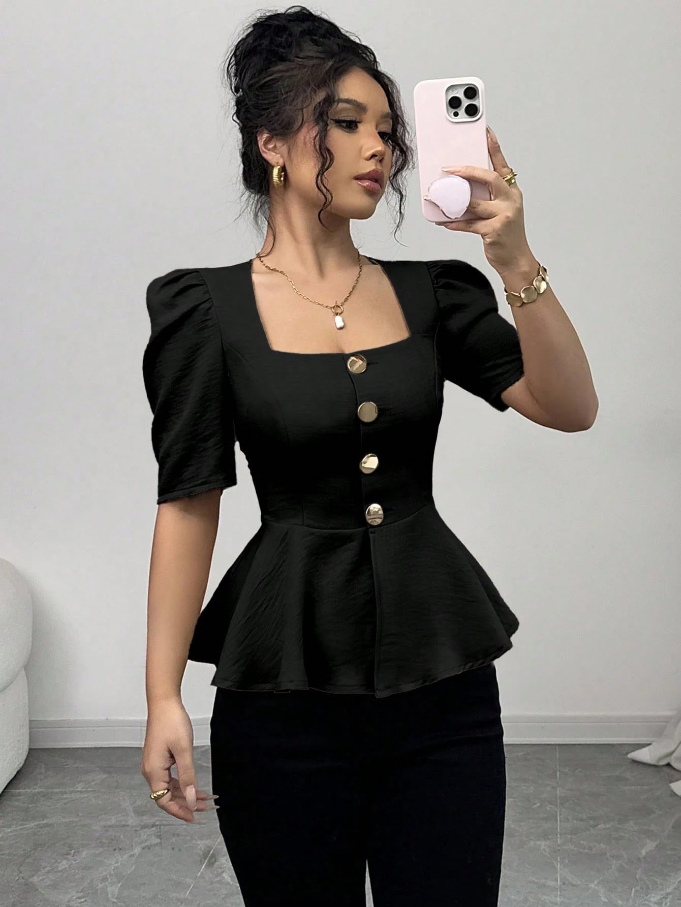Summer Elegant Black Fashion Square Collar Sleeve Button Tops