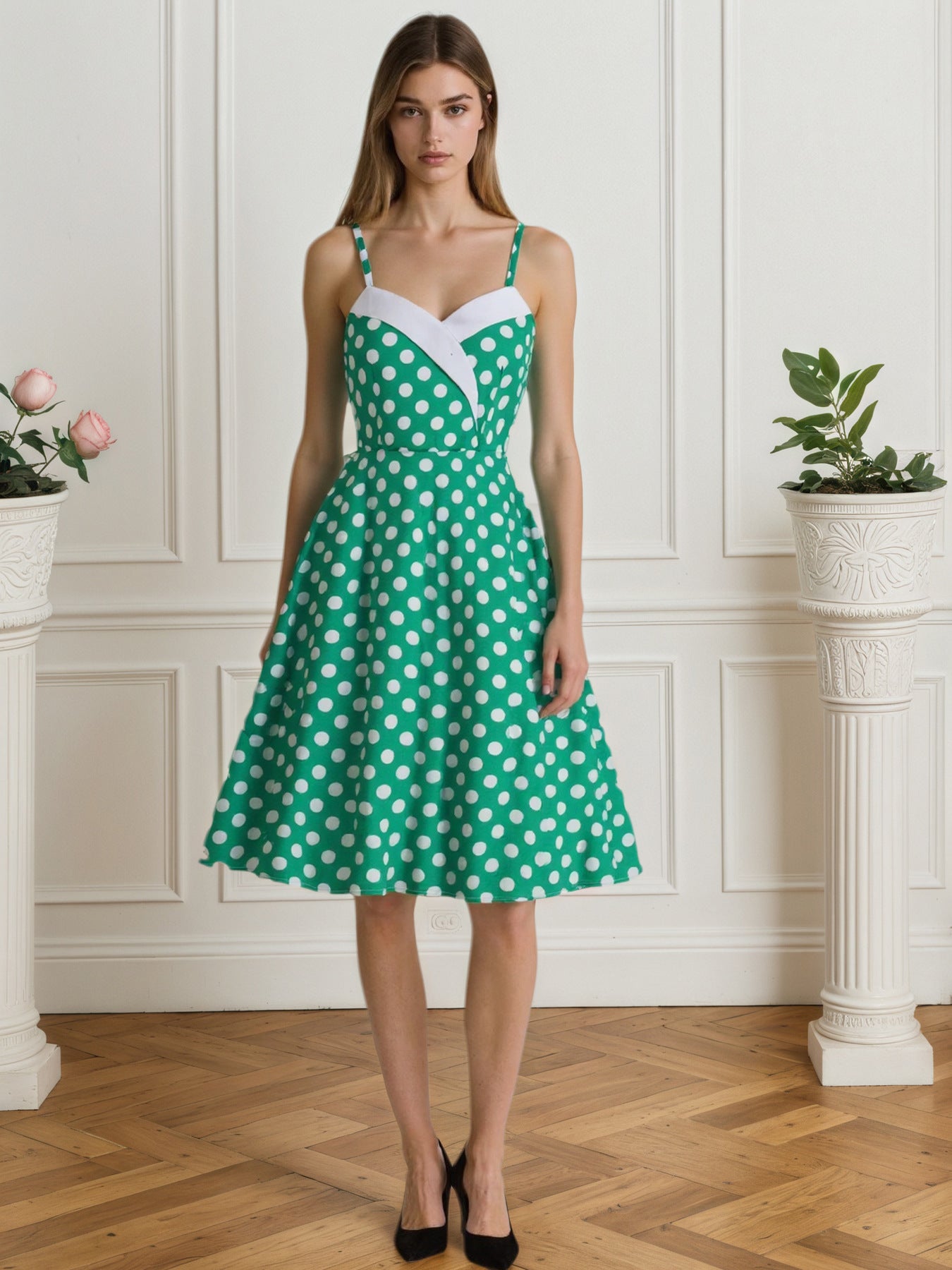 Women's Fashion Summer Strap Polka Dot White Waist Slimming Dress