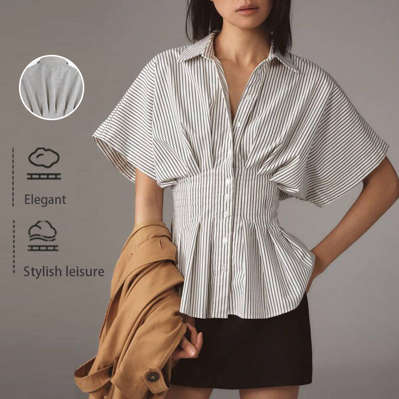 Trimming Shirt Leisure Striped Pleat Waisted Slim Fit Blouse