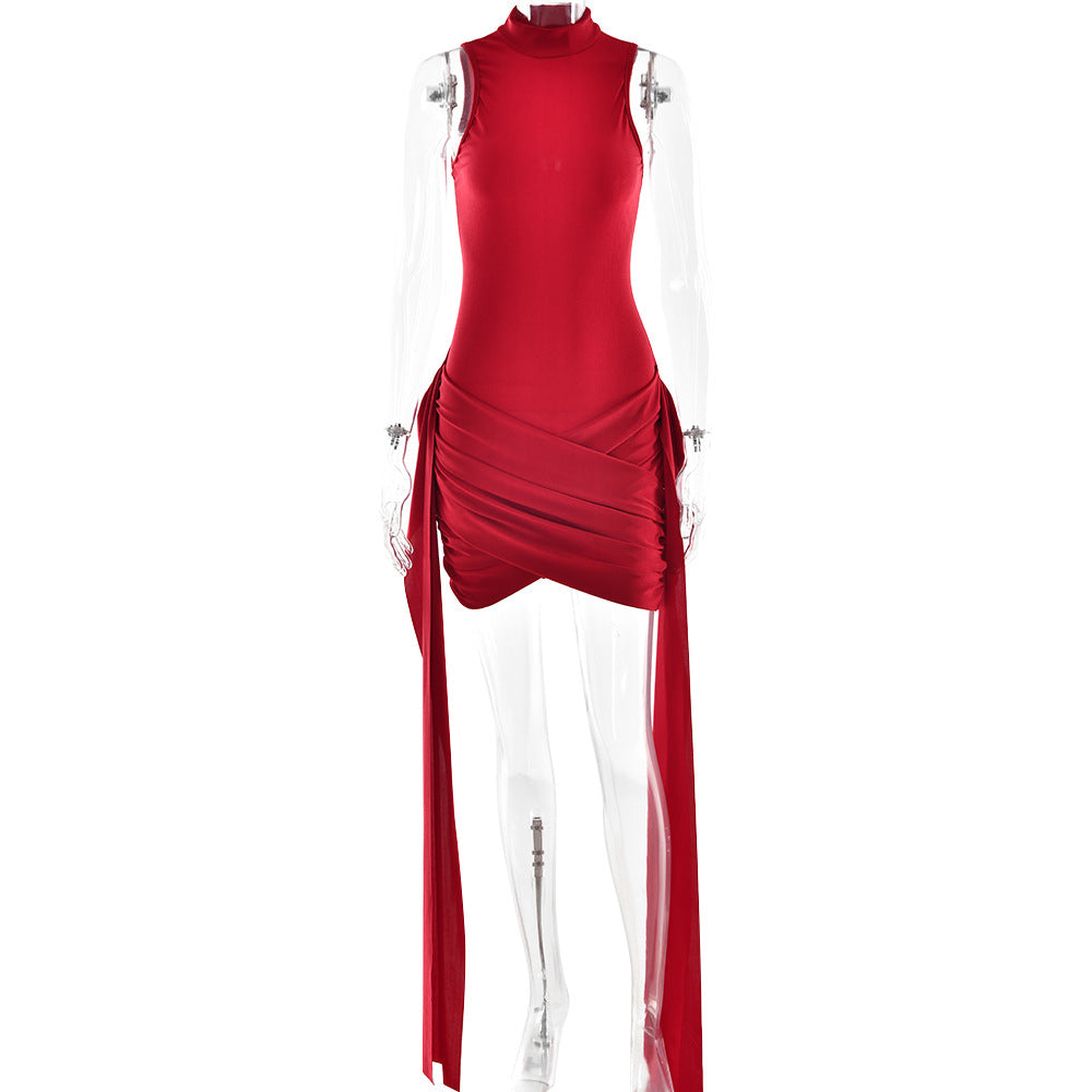 Spring Sexy Temperament Solid Color Round Neck Sleeveless Dress