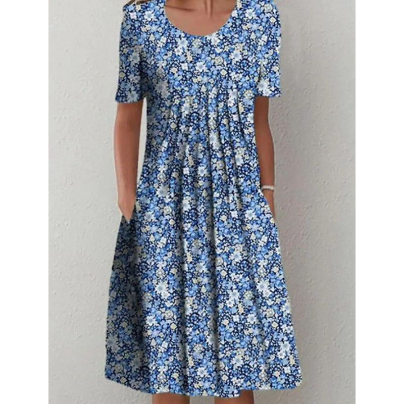 Women's Floral Print Round Neck Pocket Mid-length Clothing