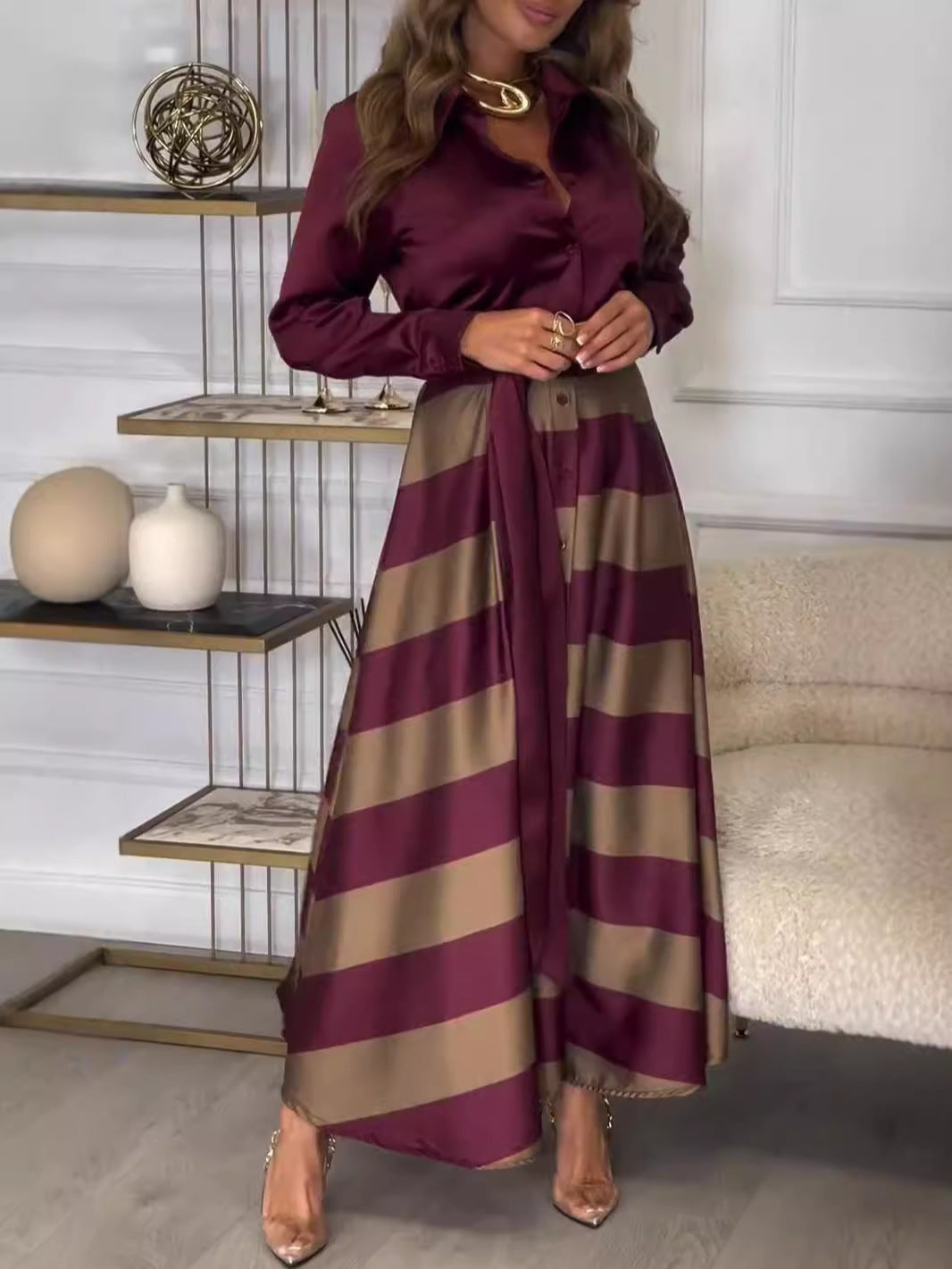 Women's Autumn Long Elegant Lace Printing Stitching Clothing