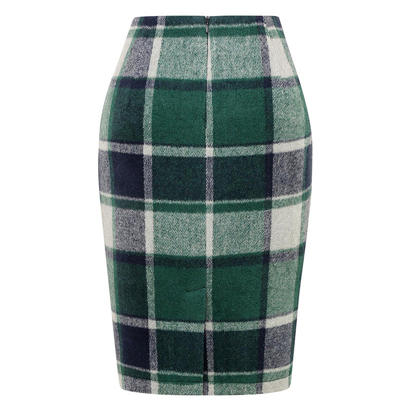 Women's Pencil Tartan High Waist Tight Hip Knee-length Dress