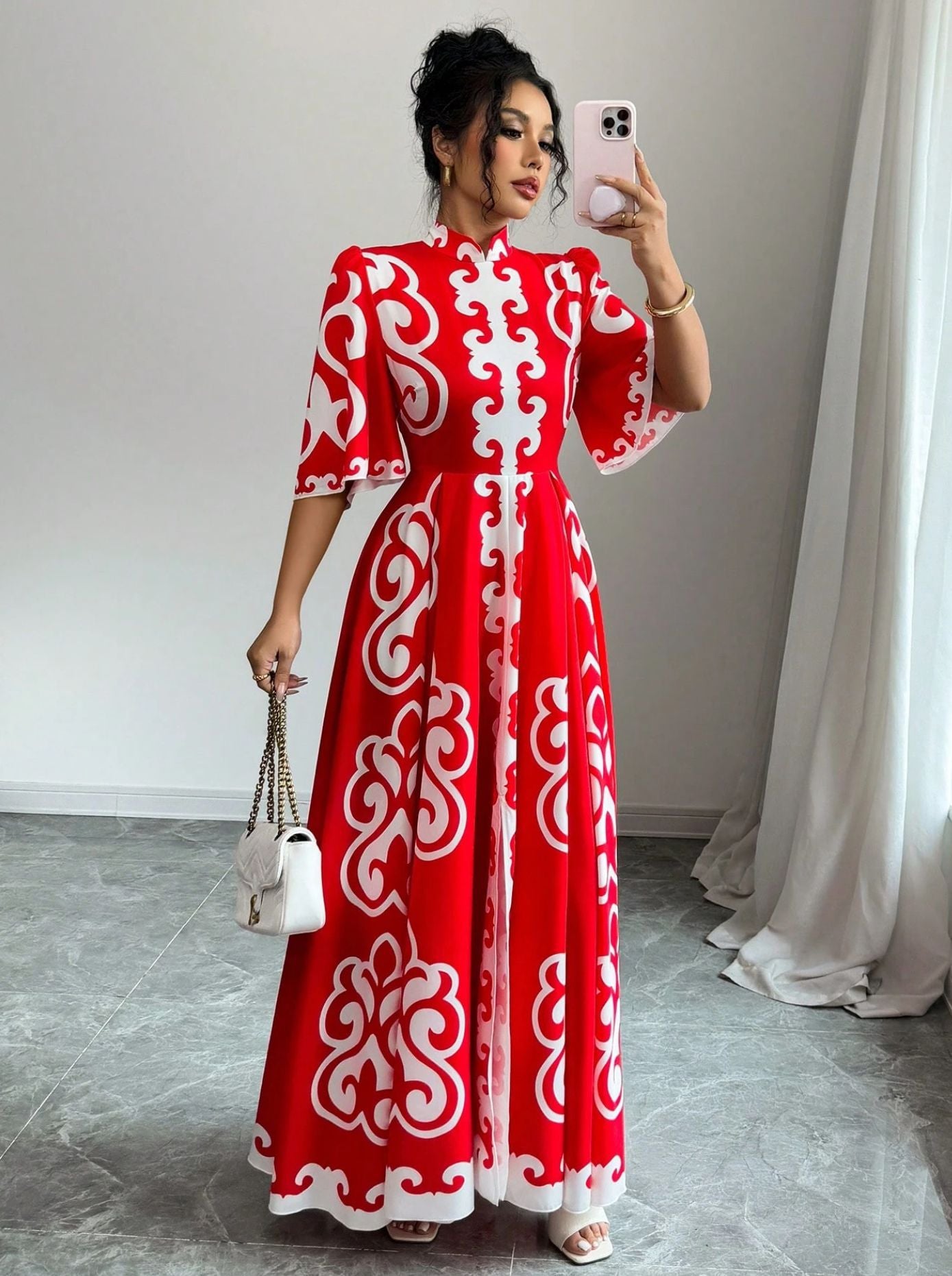 Red Mandarin Collar Loose Big Hem Dress