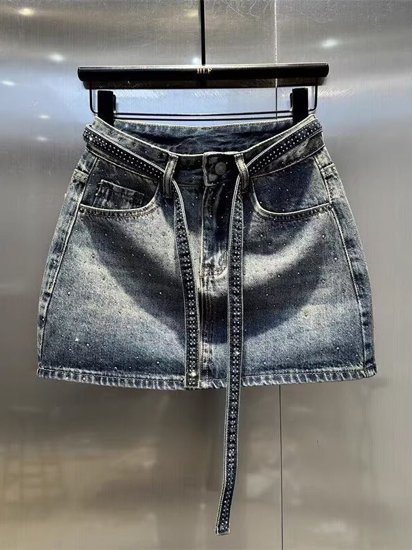 Rhinestone Denim High Waist Sexy A- Skirt