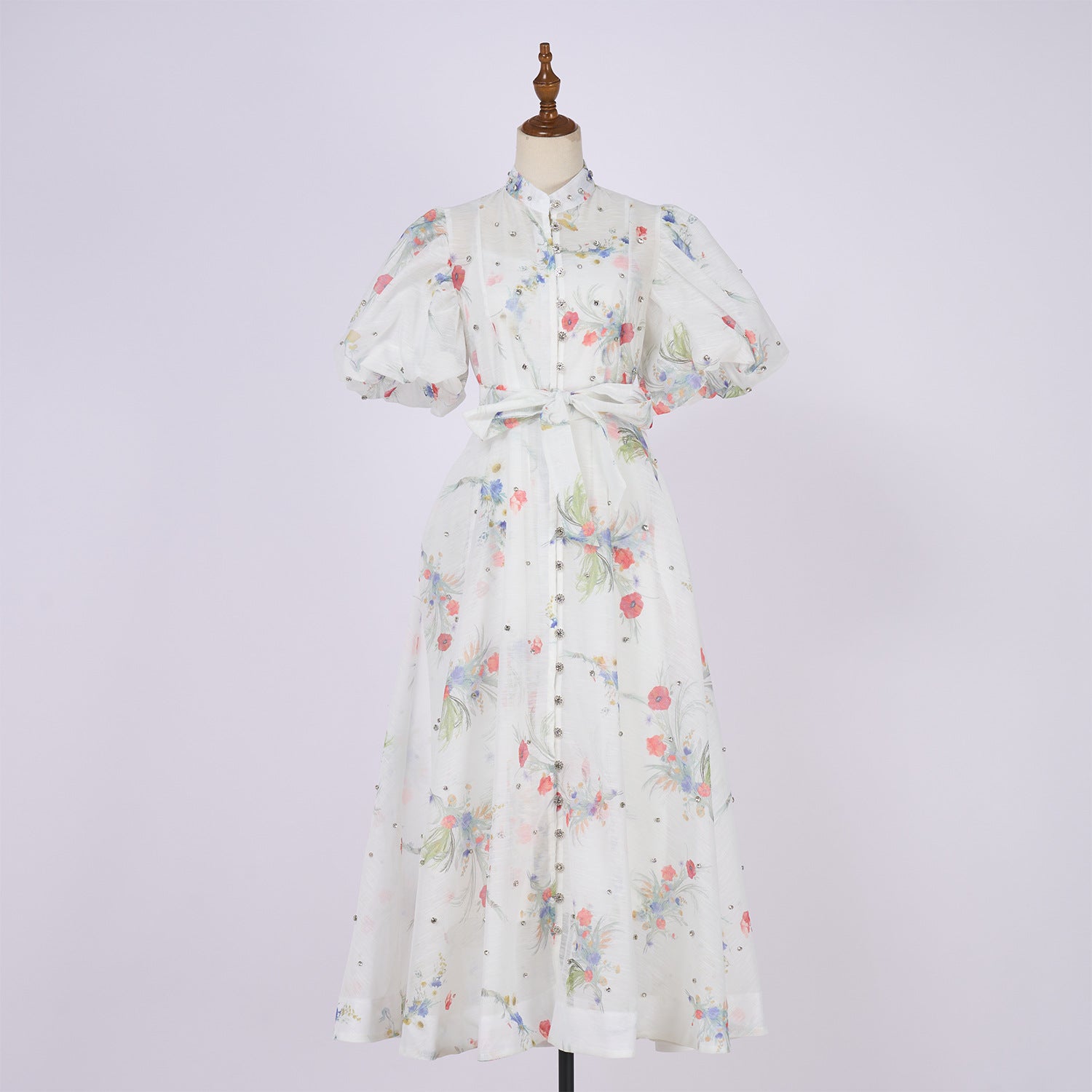 Summer Palace Style High Design Sense Rhinestone Sleeve Single-breasted Long Dress