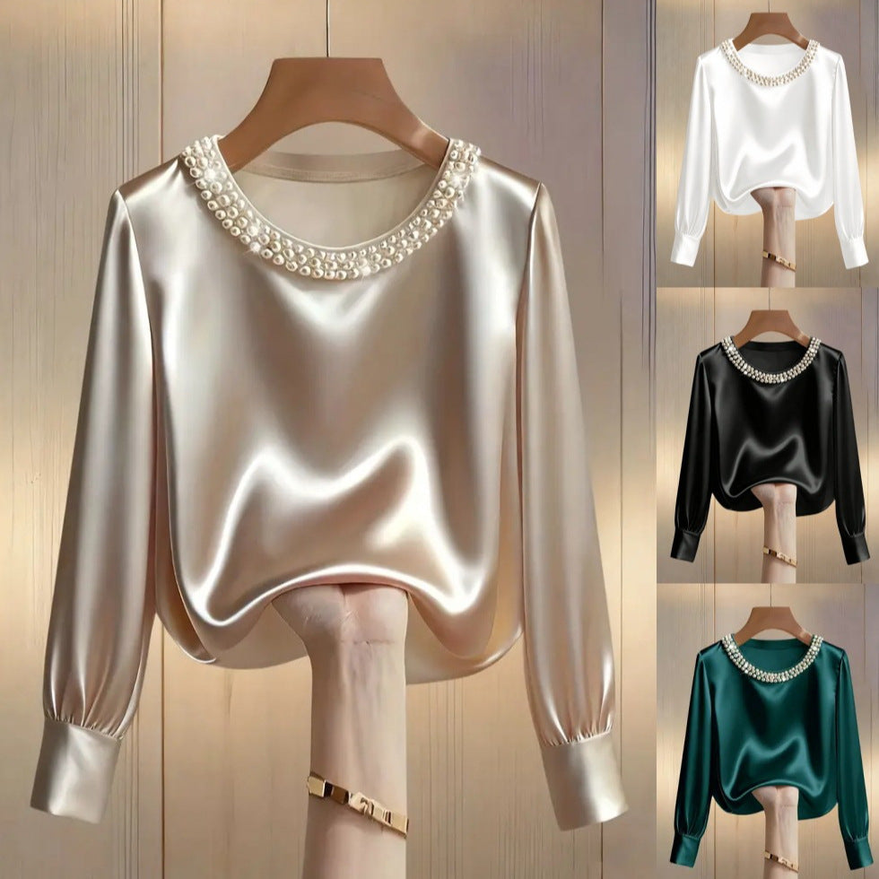 Women's Style High-grade Pearl Round Neck Satin Shirt Tops