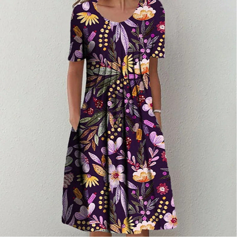 Women's Floral Print Round Neck Pocket Mid-length Clothing