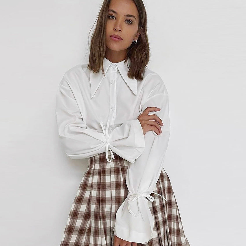 Women's Long-sleeved White Shirt Pointed Collar Temperament Commute Bow Design Blouse