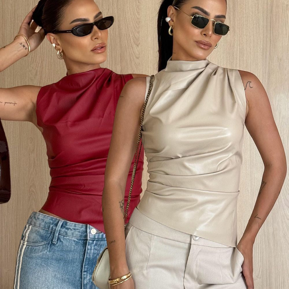 Women's Sleeveless Leather Stand Collar Personalized Waist Irregular Women's T-shirt