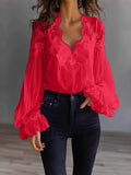Women's Lace Stitching Puff Sleeve Pleated Shirt Blouse