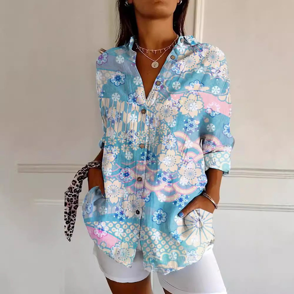 Women's Shirt Summer Trendy Printed Floral Sleeve Pattern Blouse