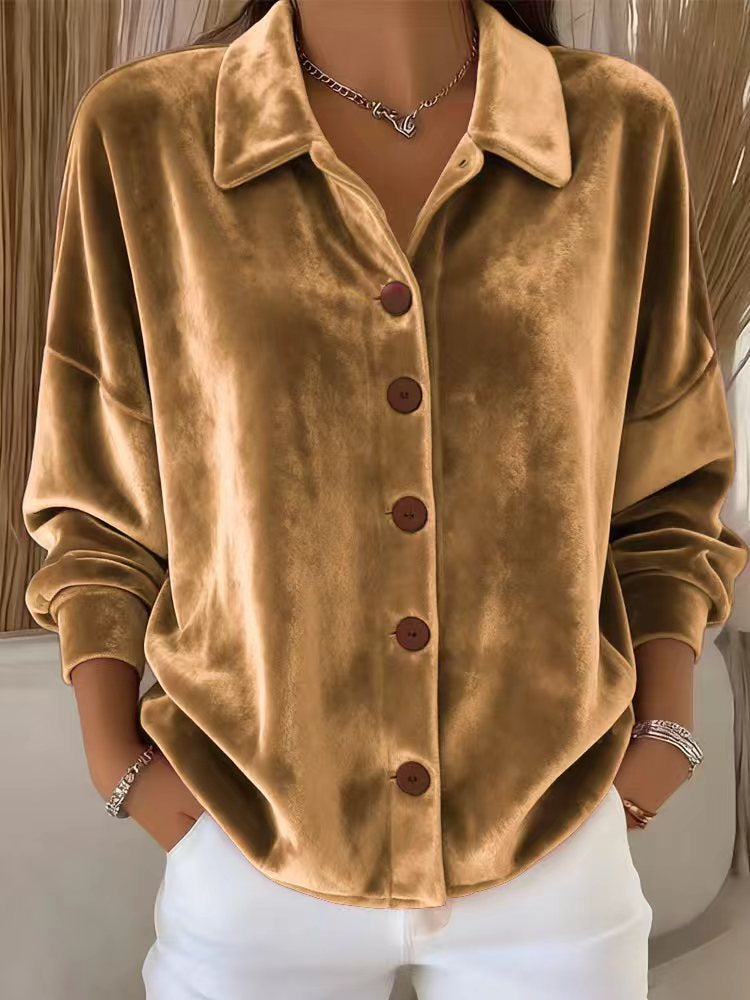 Women's Casual Long-sleeved Shirt Collar Gold Veet Tops