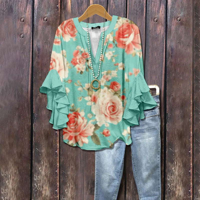 Women's Bubble Wrinkle Floral Element Digital Printing Casual Trend Women's T-shirt
